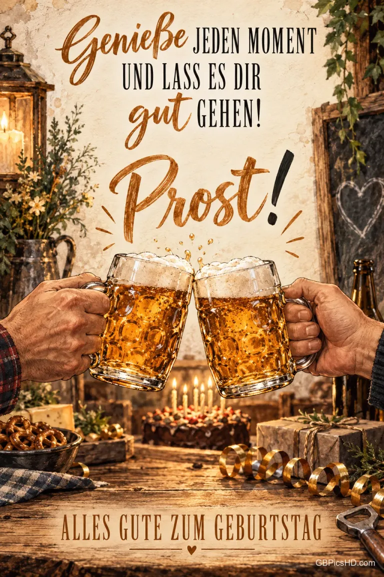 Zwei Hände stoßen mit Bierkrügen an: "Genieße jeden Moment und lass es dir gut gehen! Prost! Alles Gute zum Geburtstag".