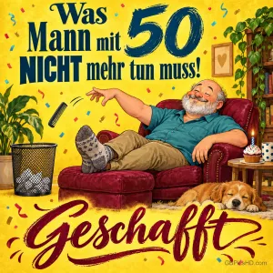 Ein Mann im Sessel wirft einen Kamm zum Papierkorb, neben ihm schläft ein Hund: "Was Mann mit 50 nicht mehr tun muss! Geschafft".
