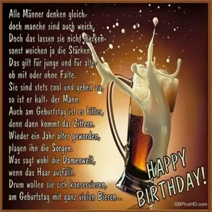 Geburtstagsbild mit zwei Bieren und humorvollem Text über Männer und Alter.