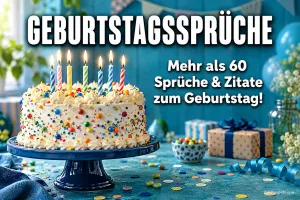 Eine bunte Torte mit brennenden Kerzen steht neben Geschenken: "GEBURTSTAGSSPRÜCHE Mehr als 60 Sprüche & Zitate zum Geburtstag!".