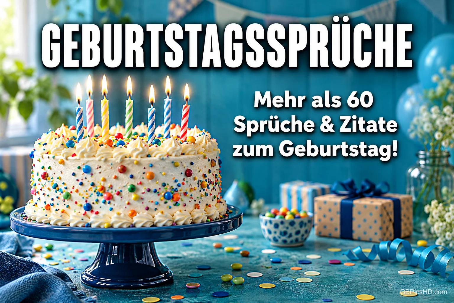 Eine bunte Torte mit brennenden Kerzen steht neben Geschenken: "GEBURTSTAGSSPRÜCHE Mehr als 60 Sprüche & Zitate zum Geburtstag!". Eine bunte Torte mit brennenden Kerzen steht neben Geschenken: "GEBURTSTAGSSPRÜCHE Mehr als 60 Sprüche & Zitate zum Geburtstag!".