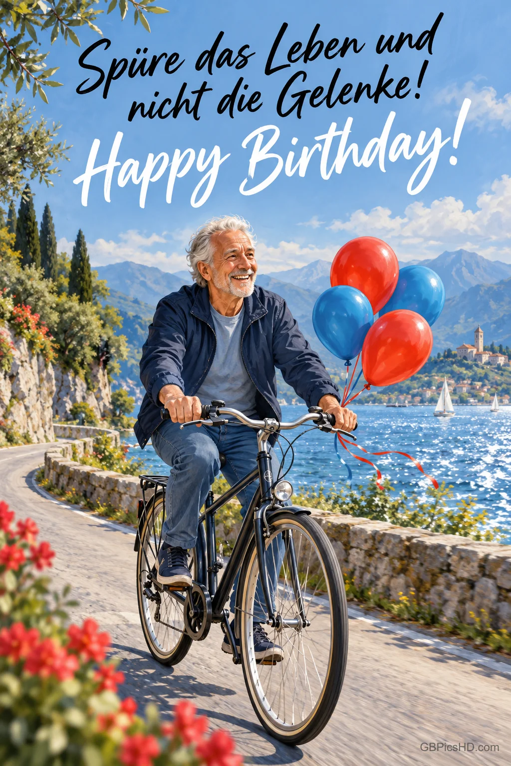 Ein lächelnder älterer Mann fährt mit bunten Ballons am Fahrrad an einem See entlang: "Spüre das Leben und nicht die Gelenke!".