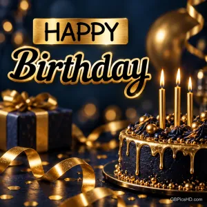 Eine schwarze Torte mit goldenen Kerzen steht neben einem Geschenk unter dem Gruß "Happy Birthday".