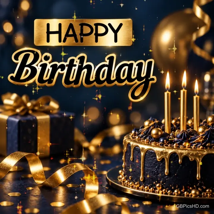 Eine schwarze Torte mit goldenen Kerzen steht neben einem Geschenk unter dem Gruß "Happy Birthday".