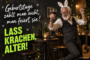 Ein älterer Mann mit Hasenohren hebt im Lokal ein Weinglas zum Spruch "Geburtstage zählt man nicht, man feiert sie!".