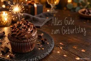 Ein Schokoladenmuffin mit brennender Wunderkerze steht auf einer Schieferplatte neben "Alles Gute zum Geburtstag".