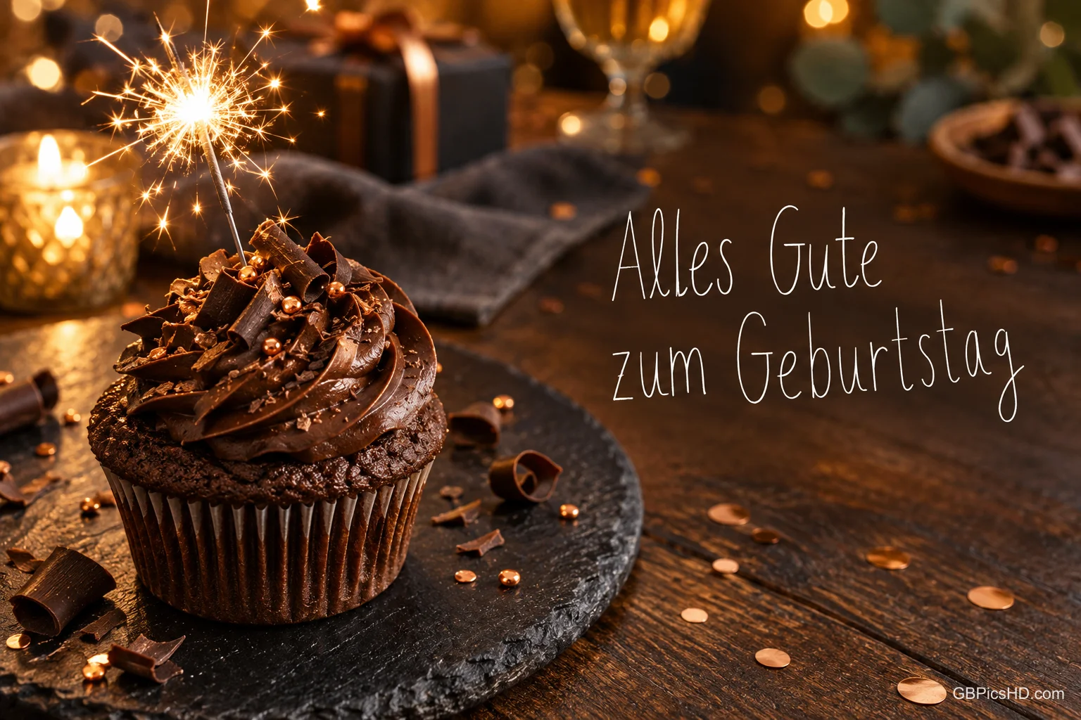 Ein Schokoladenmuffin mit brennender Wunderkerze steht auf einer Schieferplatte neben "Alles Gute zum Geburtstag".