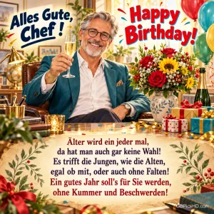 Ein lächelnder Mann im blauen Sakko hebt ein Sektglas neben Blumen und Geschenken zum Gruß "Alles Gute, Chef!".