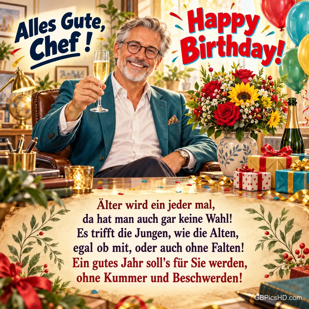 Ein lächelnder Mann im blauen Sakko hebt ein Sektglas neben Blumen und Geschenken zum Gruß "Alles Gute, Chef!".