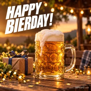 Ein großer Bierkrug mit Schaum steht neben einem Geschenk auf einem Holztisch unter dem Gruß "Happy Bierday!".