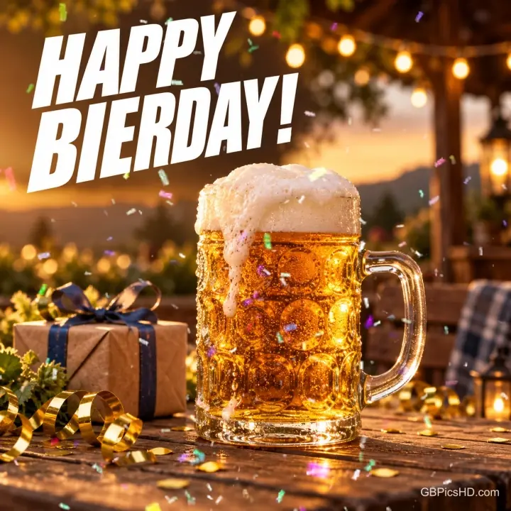 Ein großer Bierkrug mit Schaum steht neben einem Geschenk auf einem Holztisch unter dem Gruß "Happy Bierday!".