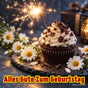 Ein Schokoladencupcake mit Sahne und Wunderkerze steht zwischen weißen Blumen über dem Gruß "Alles Gute zum Geburtstag".