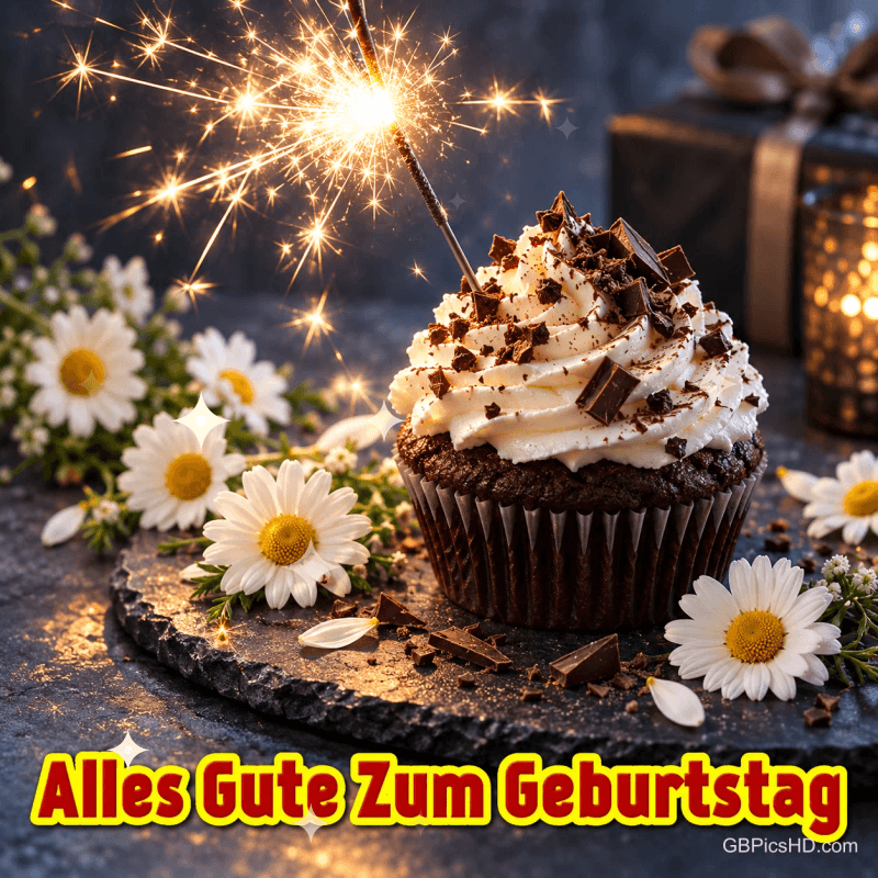 Ein Schokoladencupcake mit Sahne und Wunderkerze steht zwischen weißen Blumen über dem Gruß "Alles Gute zum Geburtstag".