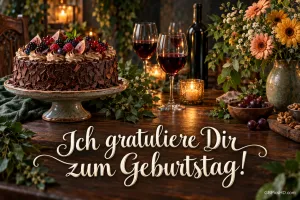 Eine Schokoladentorte, zwei Rotweingläser und ein Blumenstrauß stehen auf einem Tisch über "Ich gratuliere Dir zum Geburtstag!".