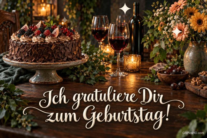 Eine Schokoladentorte, zwei Rotweingläser und ein Blumenstrauß stehen auf einem Tisch über "Ich gratuliere Dir zum Geburtstag!".