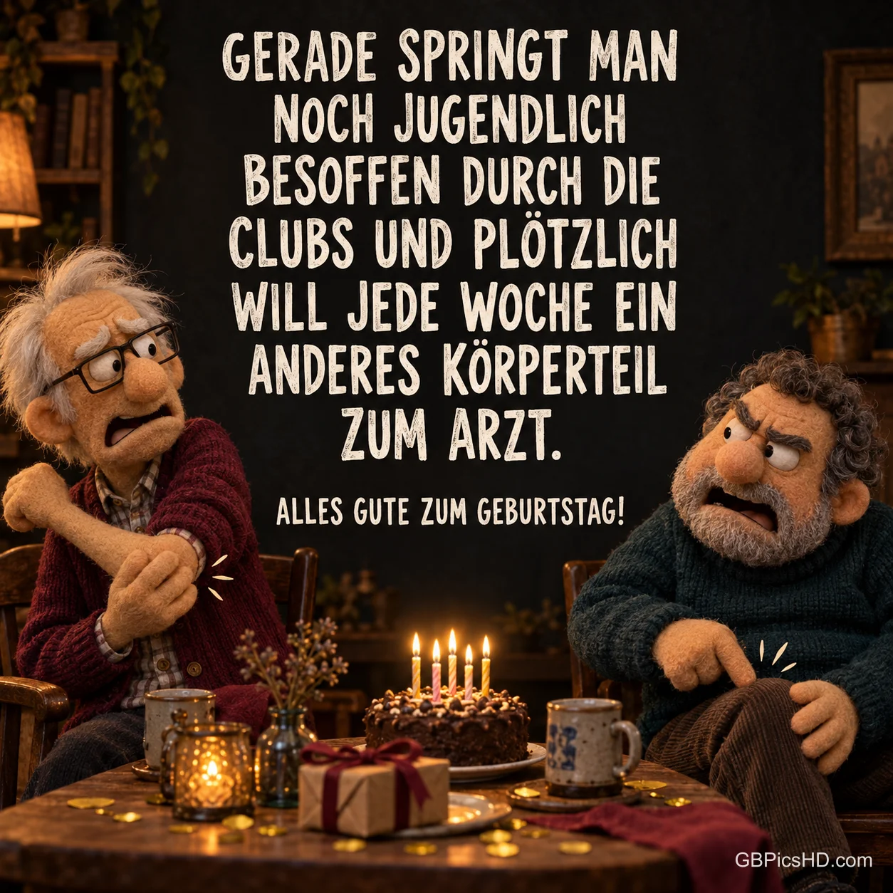 Zwei ältere Puppen halten sich Arm und Knie; auf dem Tisch steht eine Torte zum Gruß "Alles Gute zum Geburtstag!". Zwei ältere Puppen halten sich Arm und Knie; auf dem Tisch steht eine Torte zum Gruß "Alles Gute zum Geburtstag!".