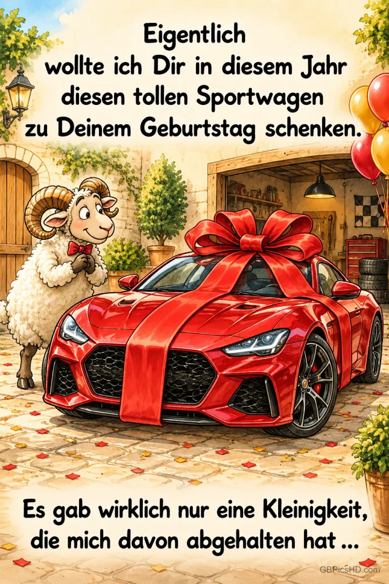 Ein Widder steht am roten Auto mit Schleife: "Eigentlich wollte ich Dir in diesem Jahr diesen tollen Sportwagen zu Deinem Geburtstag schenken."