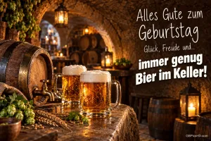 Zwei Bierkrüge stehen neben einem Holzfass im Gewölbekeller zum Gruß "Alles Gute zum Geburtstag".