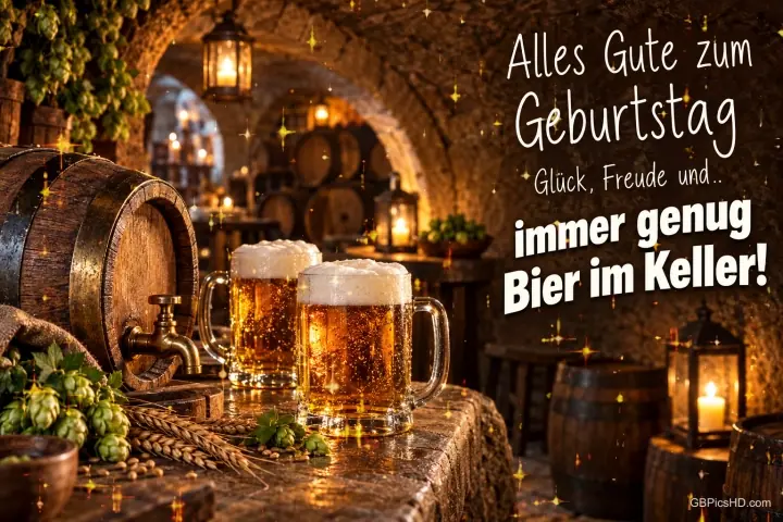 Zwei Bierkrüge stehen neben einem Holzfass im Gewölbekeller zum Gruß "Alles Gute zum Geburtstag". Zwei Bierkrüge stehen neben einem Holzfass im Gewölbekeller zum Gruß "Alles Gute zum Geburtstag".