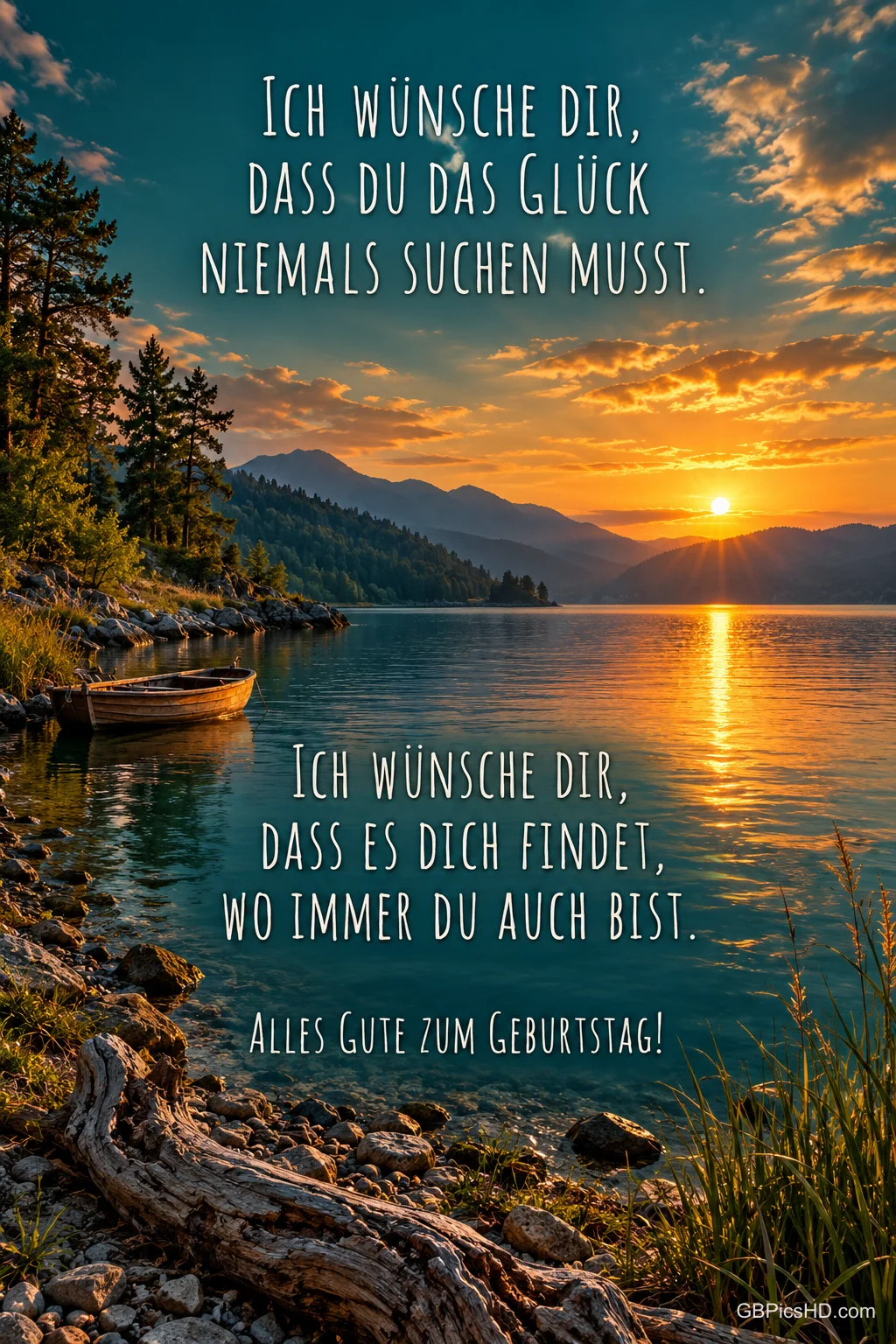 Ein Boot liegt am Ufer eines Bergsees im Sonnenuntergang, dazu der Gruß "Alles Gute zum Geburtstag!". Ein Boot liegt am Ufer eines Bergsees im Sonnenuntergang, dazu der Gruß "Alles Gute zum Geburtstag!".