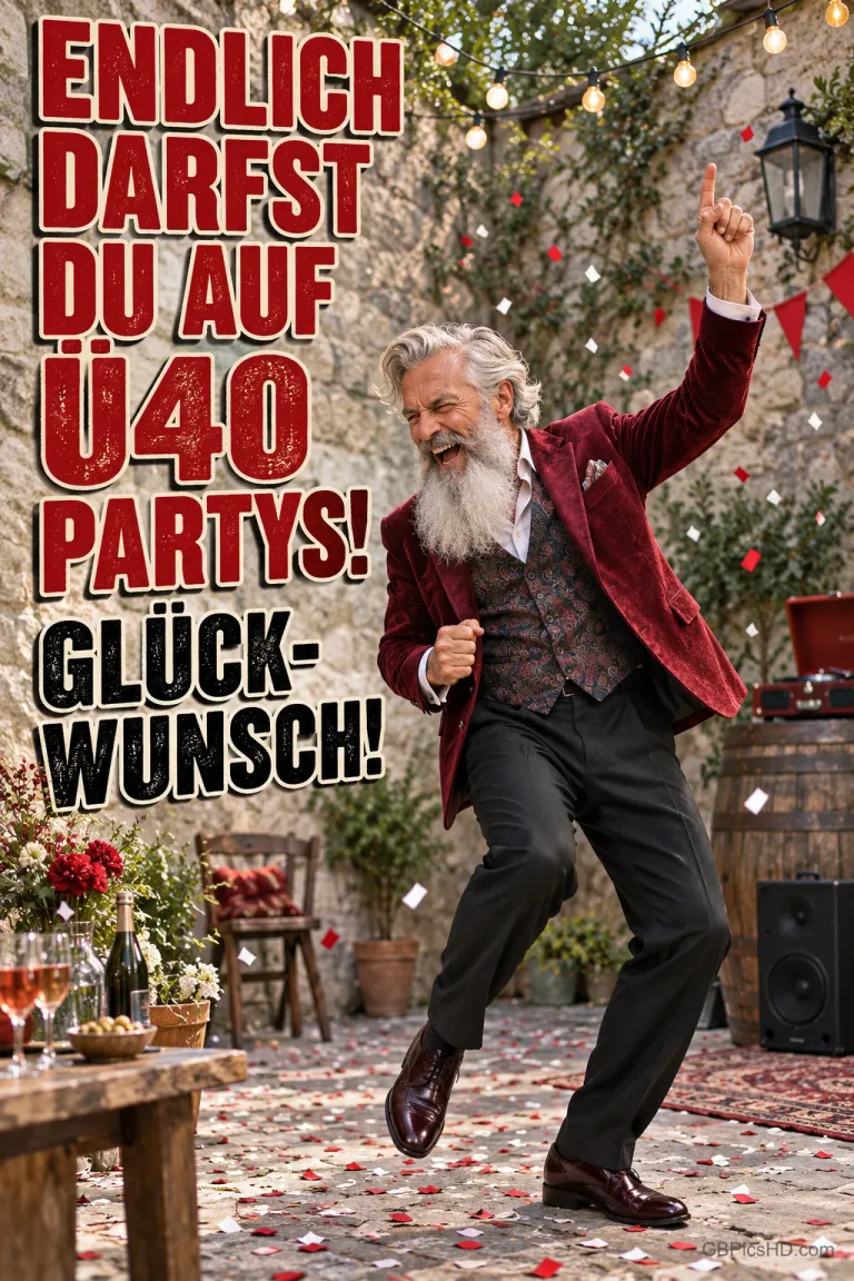 Ein Mann mit grauem Bart tanzt im roten Sakko zwischen Konfetti, daneben steht "GLÜCKWUNSCH!".