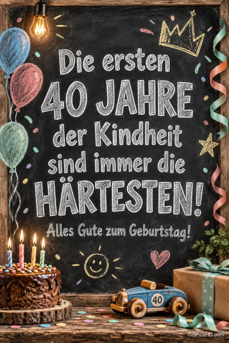 Eine Kreidetafel steht hinter einer Torte, einem Spielzeugauto und einem Geschenk: "Alles Gute zum Geburtstag!".