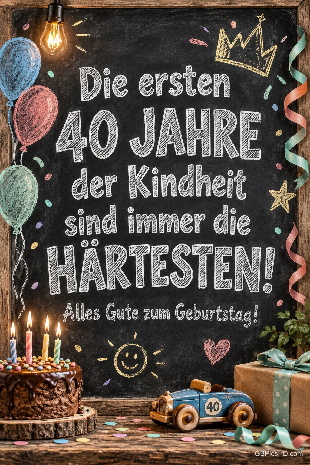 Eine Kreidetafel steht hinter einer Torte, einem Spielzeugauto und einem Geschenk: "Alles Gute zum Geburtstag!". Eine Kreidetafel steht hinter einer Torte, einem Spielzeugauto und einem Geschenk: "Alles Gute zum Geburtstag!".