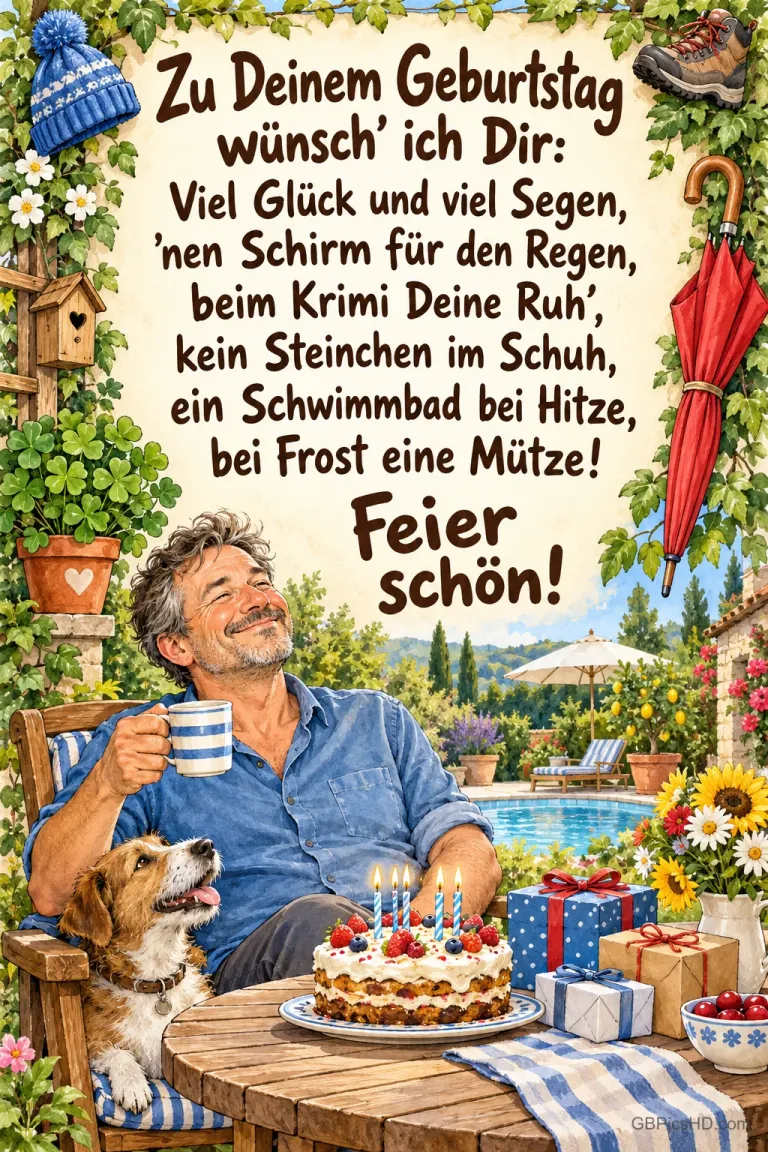 Ein Mann sitzt mit einer Tasse neben einem Hund im Garten; auf dem Tisch stehen Torte und Geschenke. "Feier schön!"
