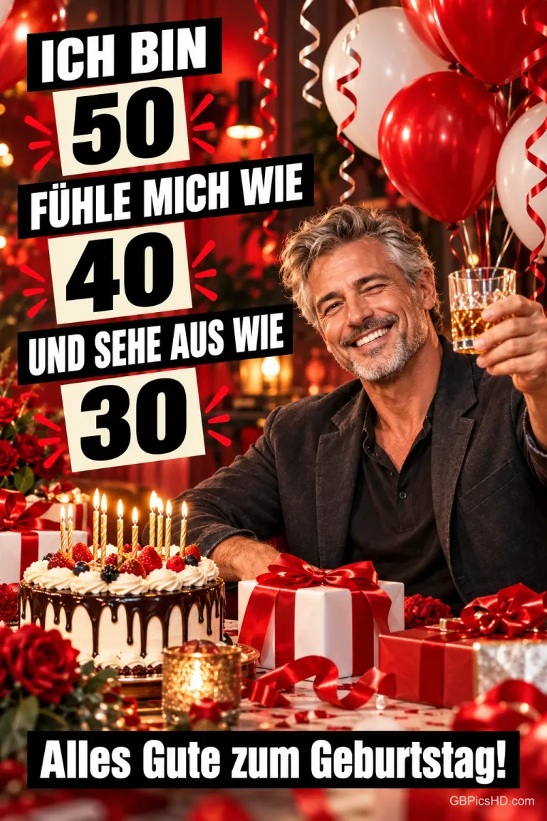 Ein lächelnder Mann hebt sein Glas neben einer Geburtstagstorte, Geschenken und Ballons: "Alles Gute zum Geburtstag!".