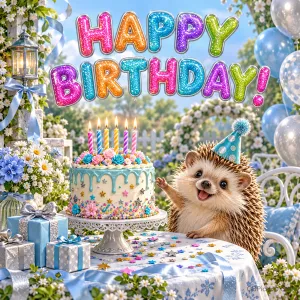 Ein fröhlicher Igel mit Partyhut sitzt neben einer Geburtstagstorte im blühenden Garten mit blauen Ballons unter "HAPPY BIRTHDAY!".