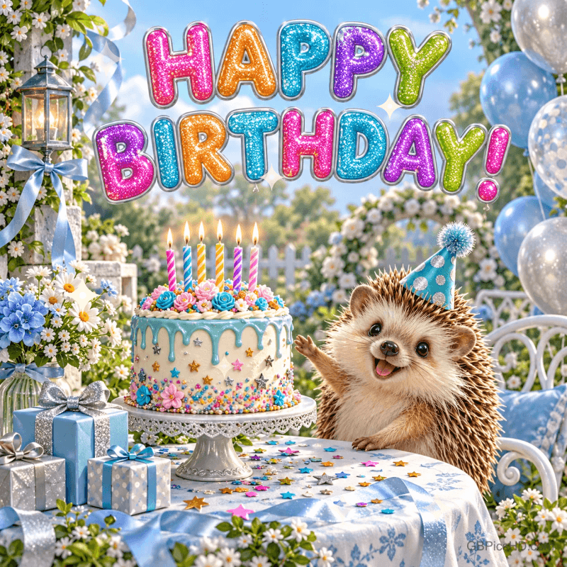 Ein fröhlicher Igel mit Partyhut sitzt neben einer Geburtstagstorte im blühenden Garten mit blauen Ballons unter "HAPPY BIRTHDAY!".