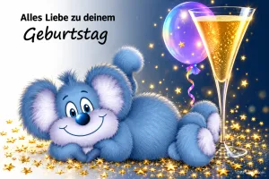 Eine blaue Plüschmaus liegt neben einem Ballon, einem Sektglas und goldenen Sternen mit "Alles Liebe zu deinem Geburtstag".