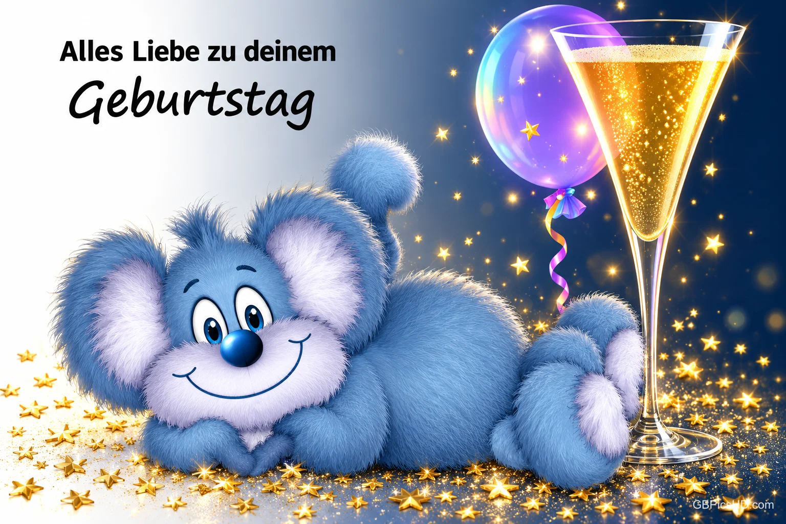 Eine blaue Plüschmaus liegt neben einem Ballon, einem Sektglas und goldenen Sternen mit "Alles Liebe zu deinem Geburtstag".
