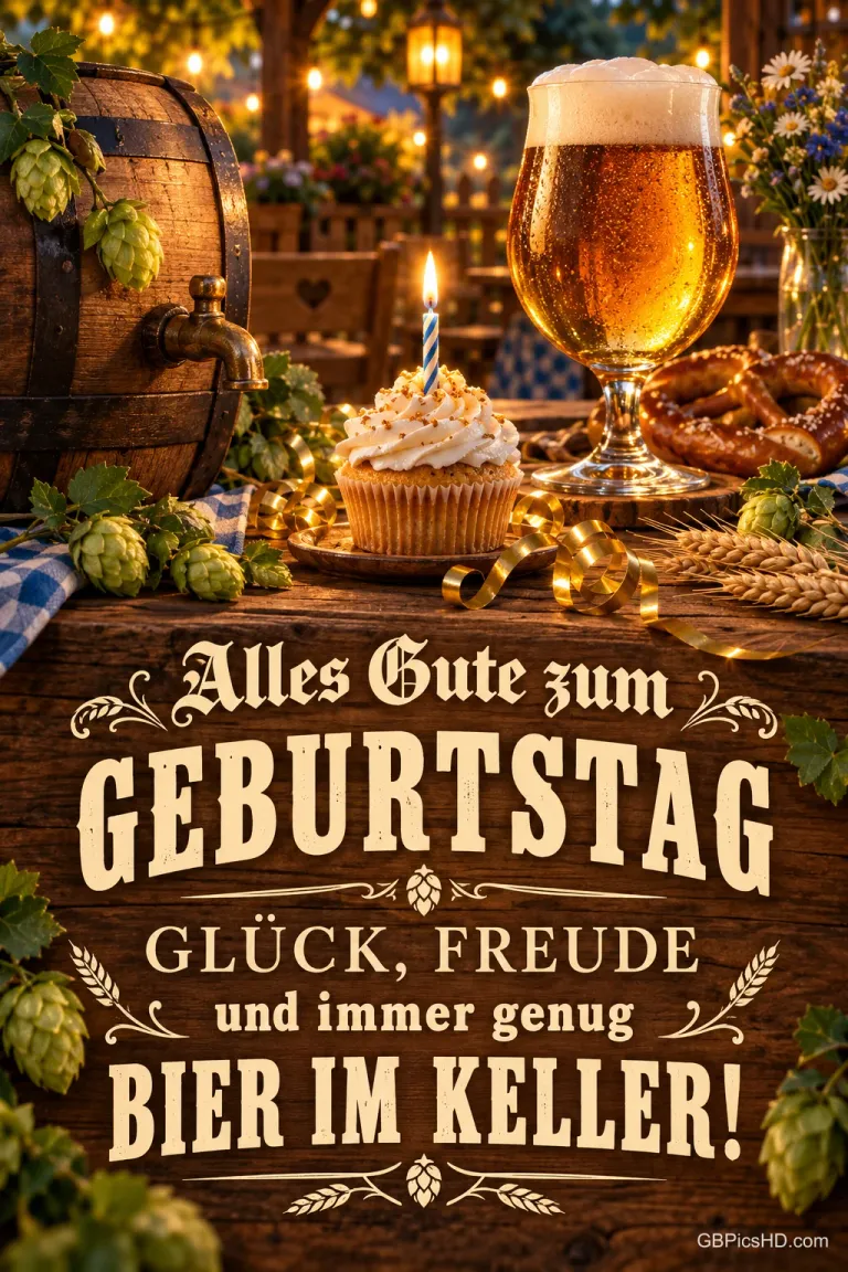 Bierglas, Fass und Kerzenküchlein mit dem Gruß "Alles Gute zum Geburtstag Glück, Freude und immer genug Bier im Keller!".