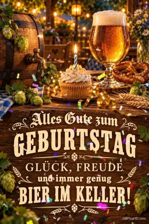 Bierglas, Fass und Kerzenküchlein mit dem Gruß "Alles Gute zum Geburtstag Glück, Freude und immer genug Bier im Keller!".