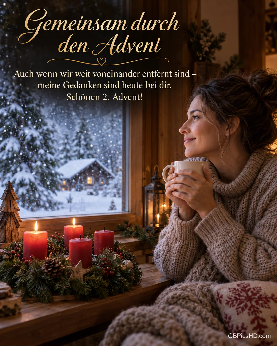 Eine Frau im Strickpullover hält eine Tasse und schaut lächelnd in den Schneefall, vorn ein Adventskranz mit zwei brennenden Kerzen, dazu "Gemeinsam durch den Advent".
