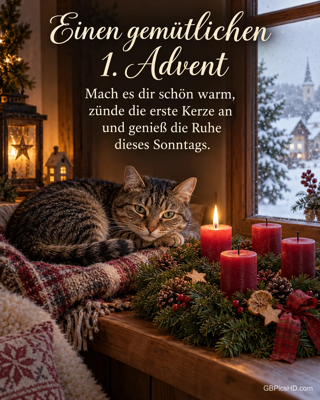 Eine getigerte Katze liegt zusammengerollt auf der Fensterbank neben dem Adventskranz mit einer brennenden Kerze, draußen schneit es, dazu "Einen gemütlichen 1. Advent".
