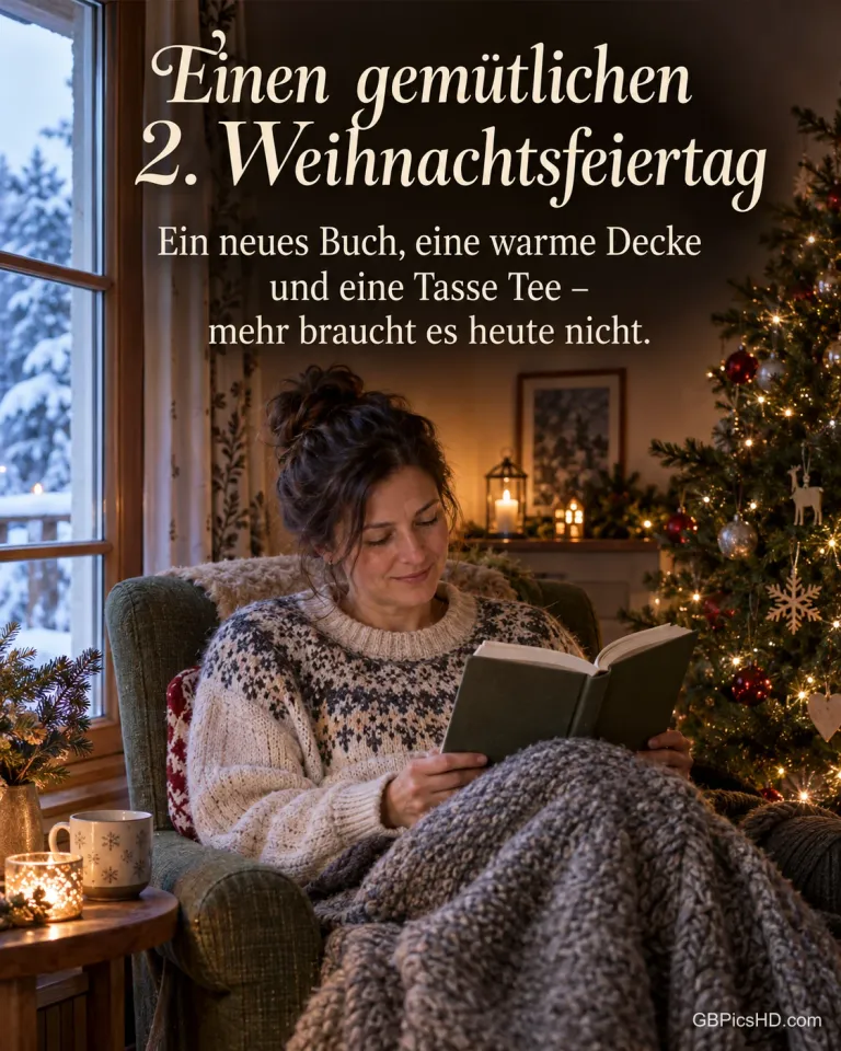 Eine Frau liest im Sessel am Weihnachtsbaum ein Buch, daneben eine Tasse Tee, dazu "Einen gemütlichen 2. Weihnachtsfeiertag".