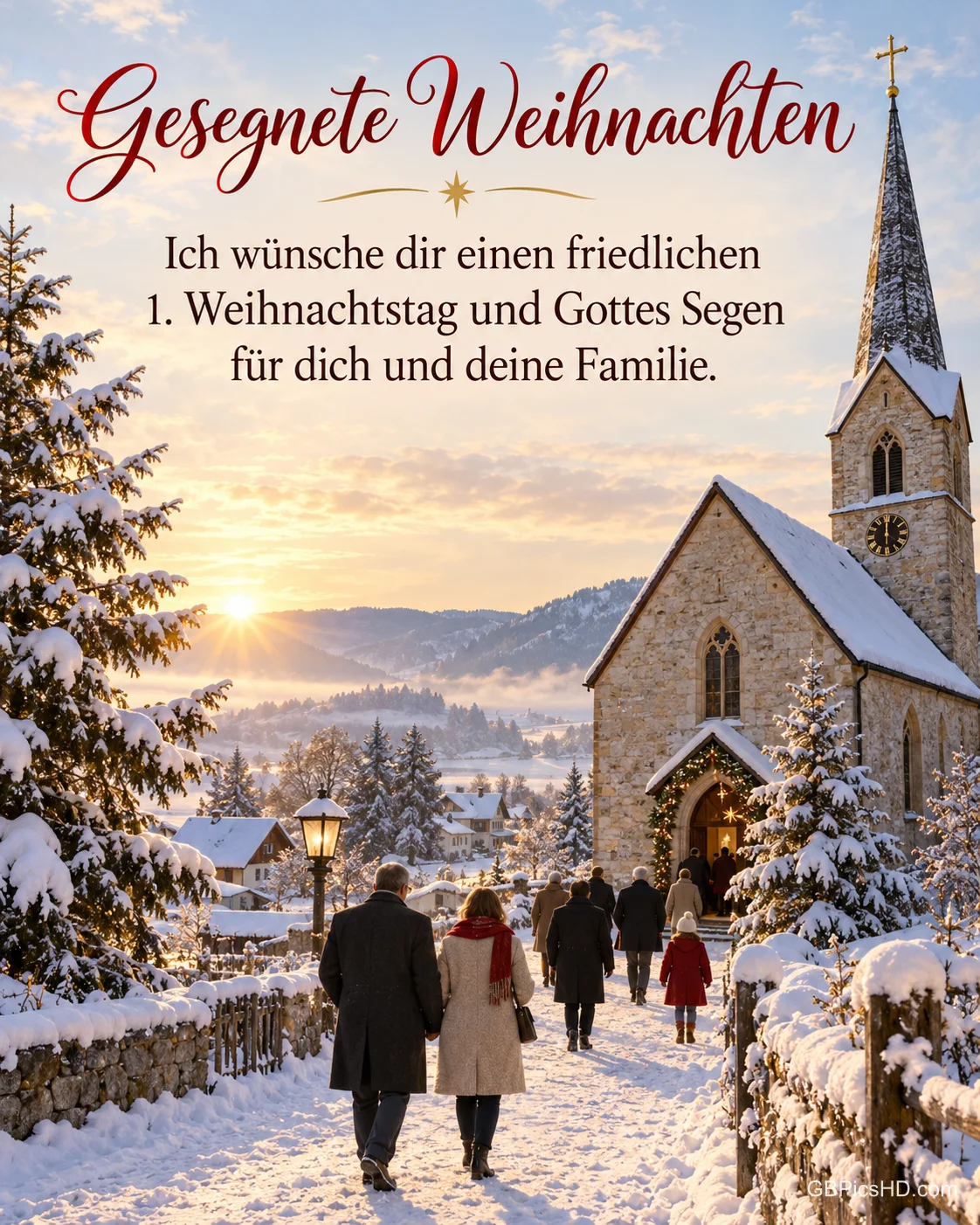 Menschen gehen am Weihnachtsmorgen durch den Schnee zur sonnenbeschienenen Dorfkirche, dazu "Gesegnete Weihnachten". Menschen gehen am Weihnachtsmorgen durch den Schnee zur sonnenbeschienenen Dorfkirche, dazu "Gesegnete Weihnachten".