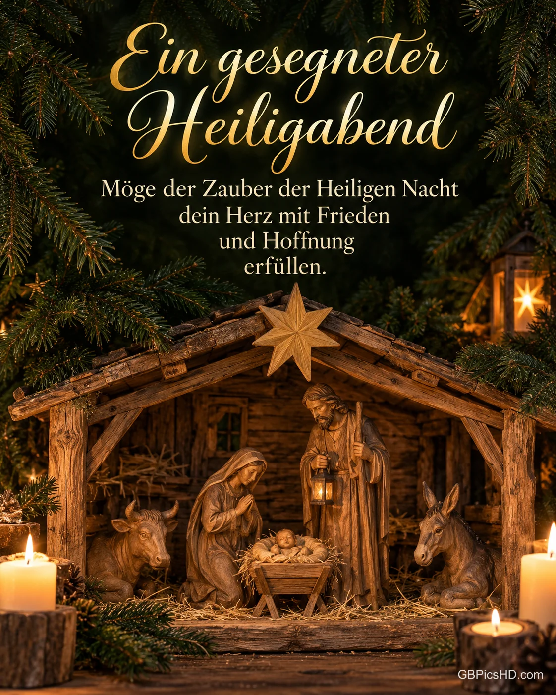 Eine geschnitzte Holzkrippe mit Maria, Josef, dem Kind, Ochs und Esel im Kerzenschein, dazu "Ein gesegneter Heiligabend".