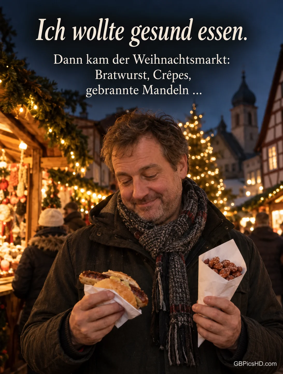 Ein Mann hält auf dem Weihnachtsmarkt eine Bratwurst im Brötchen und eine Tüte gebrannte Mandeln und grinst schuldbewusst, dazu "Ich wollte gesund essen".