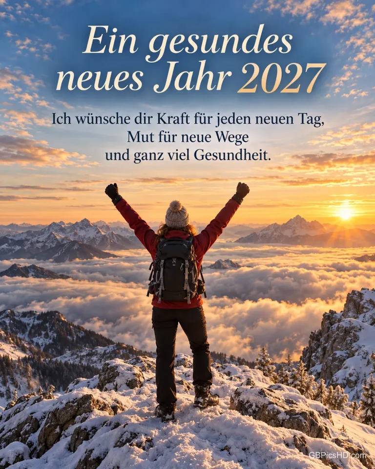 Eine Wanderin reckt auf einem verschneiten Berggipfel bei Sonnenaufgang die Arme in die Höhe, dazu "Ein gesundes neues Jahr 2027".
