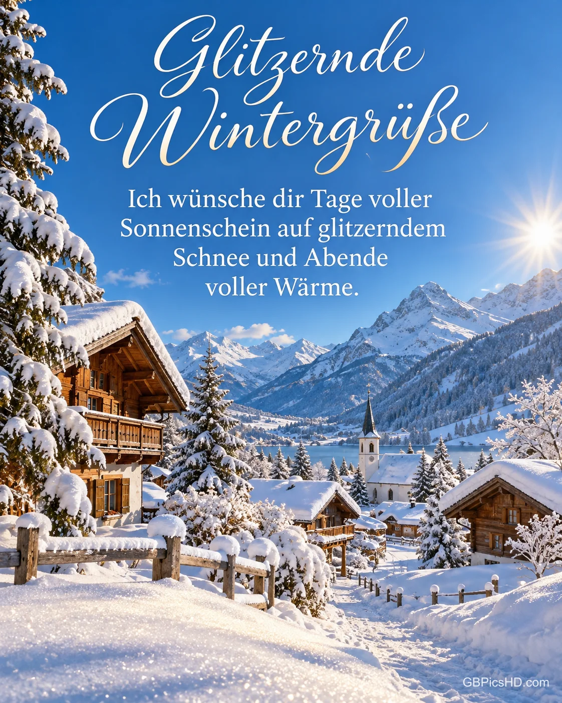 Ein sonniges Bergdorf liegt im tiefen Schnee unter blauem Himmel, im Vordergrund glitzert der Schnee, dazu "Glitzernde Wintergrüße".
