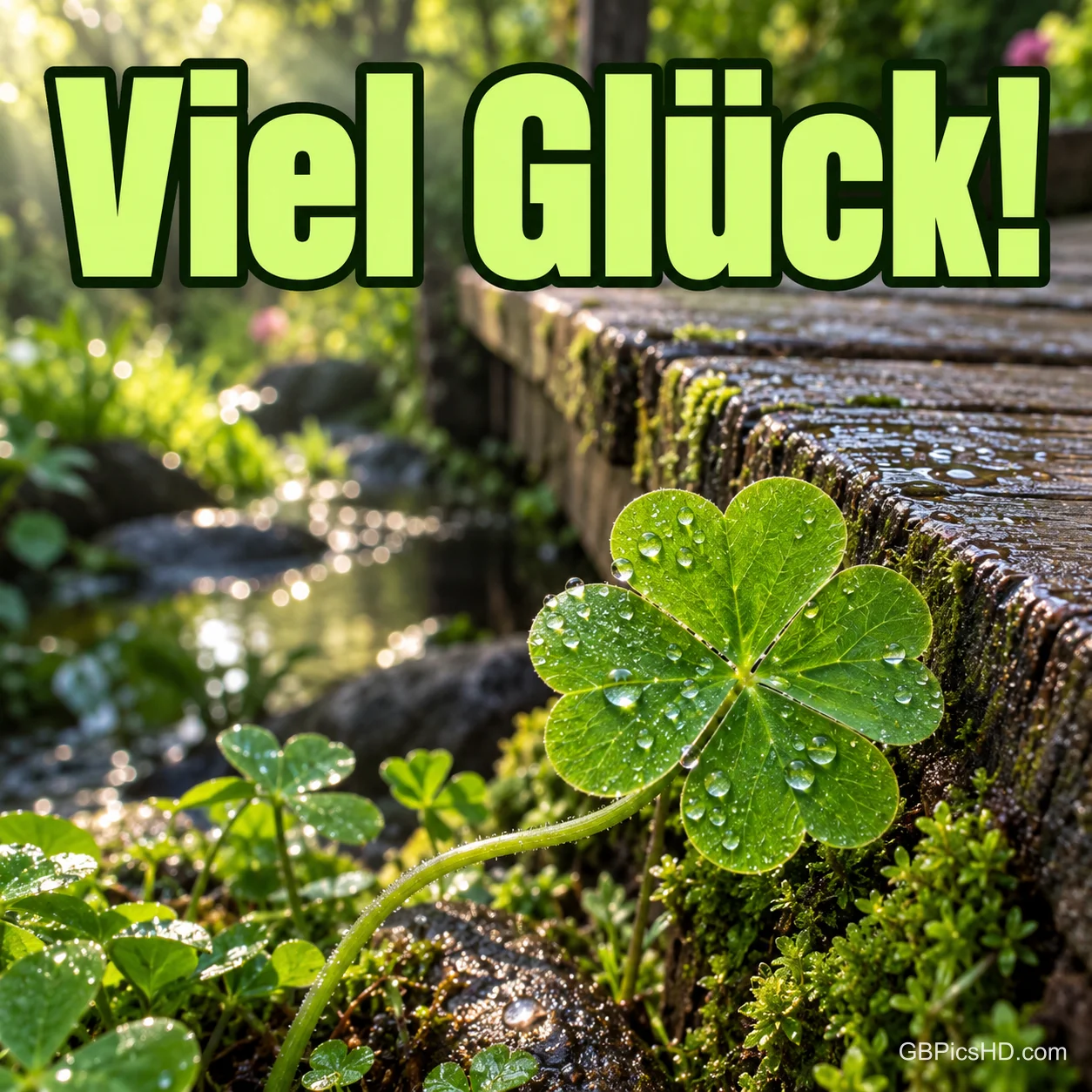 Vierblättriges Kleeblatt mit Wassertropfen neben einem bemoosten Holzsteg am Bach mit dem Schriftzug "Viel Glück!" Vierblättriges Kleeblatt mit Wassertropfen neben einem bemoosten Holzsteg am Bach mit dem Schriftzug "Viel Glück!"