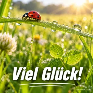 Marienkäfer auf einem taubedeckten Grashalm über einer sonnigen Kleewiese mit dem Text "Viel Glück!"