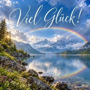 Regenbogen über einem klaren Bergsee mit Felsen und Wolken, darüber in Schreibschrift "Viel Glück!"