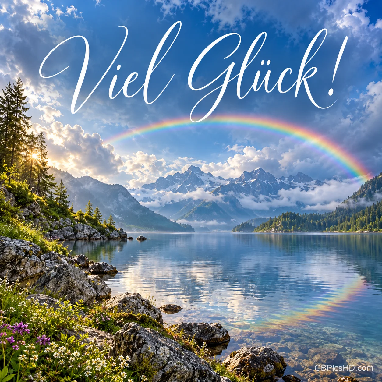 Regenbogen über einem klaren Bergsee mit Felsen und Wolken, darüber in Schreibschrift "Viel Glück!" Regenbogen über einem klaren Bergsee mit Felsen und Wolken, darüber in Schreibschrift "Viel Glück!"