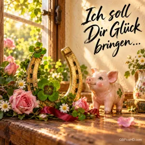 Ein goldenes Hufeisen mit Klee steht neben einem rosa Porzellanschwein unter "Ich soll Dir Glück bringen...".
