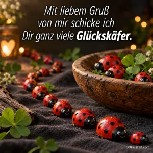 Viele Marienkäferfiguren krabbeln aus einer Holzschale über ein dunkles Tuch mit Kleeblättern, dazu "Mit liebem Gruß von mir schicke ich Dir ganz viele Glückskäfer."