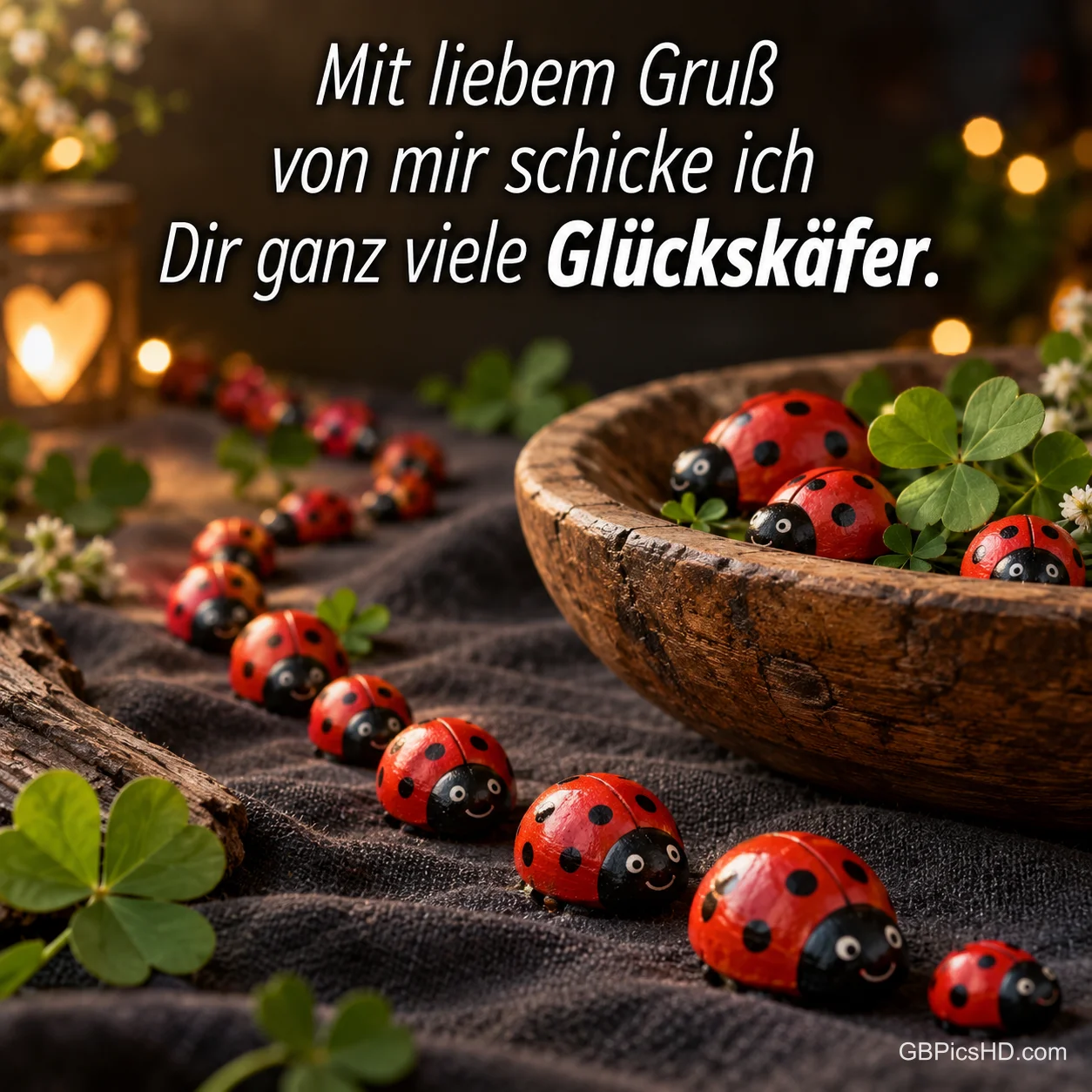 Viele Marienkäferfiguren krabbeln aus einer Holzschale über ein dunkles Tuch mit Kleeblättern, dazu "Mit liebem Gruß von mir schicke ich Dir ganz viele Glückskäfer." Viele Marienkäferfiguren krabbeln aus einer Holzschale über ein dunkles Tuch mit Kleeblättern, dazu "Mit liebem Gruß von mir schicke ich Dir ganz viele Glückskäfer."